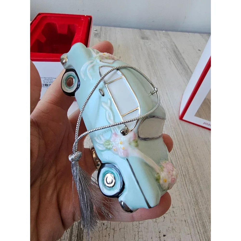 Lenox 2020 Just married vintage car porcelain ornament new Xmas tree teal weddin